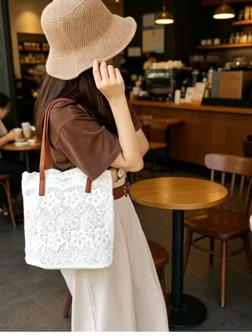 Women Fashion Lace Bucket Bag Casual Elegant Solid Color Shoulder Handbag Daily Matching Soft Large Capacity Tote Bag
