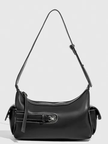 Women Vintage PU Leather Underarm Bag Retro Crescent Hobo Shoulder Bag Fashion Solid Color Zipper Casual Handbag Purse