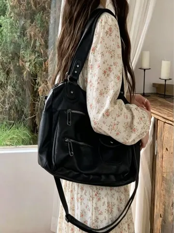 Large Capacity PU Leather Tote Bag Vintage Motorcycle Style Crossbody Bag Multi-Pocket Travel Shoulder Bag For Women