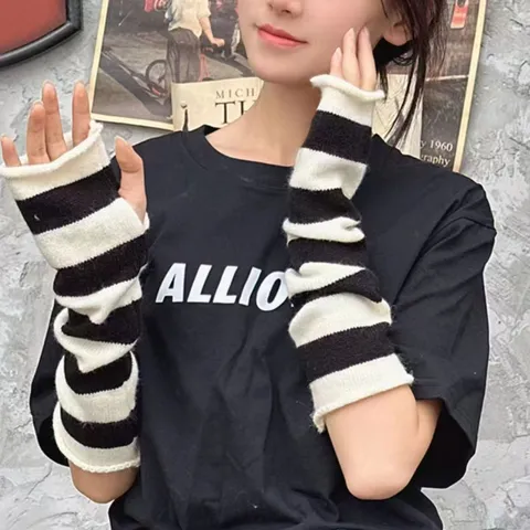 Women's Striped Arm Sleeves Colorful Rainbow Fingerless Gloves Knitted Long Wrist Warmers Party Festival Costume Accessories