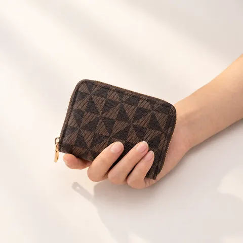 Korean Style Women Zipper Card Holder Minimalist PVC Geometric Triangle Pattern Multi Slot Card Case Portable Coin Purse