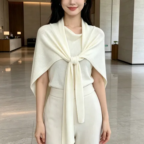 Women Knitted Cool Shawl T-Shaped Solid Color Sun Protection Wrap For AC Room Commute Lightweight Shoulder Cape Outwear