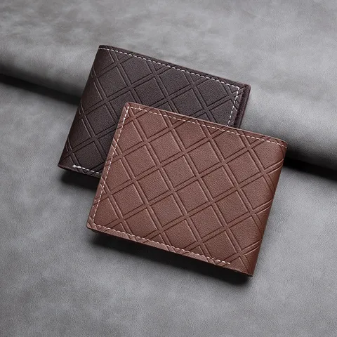 Men Short PU Leather Wallet Business Commuting Plaid Bifold Card Holder Slim Thin Coin Purse Multifunctional Pocket