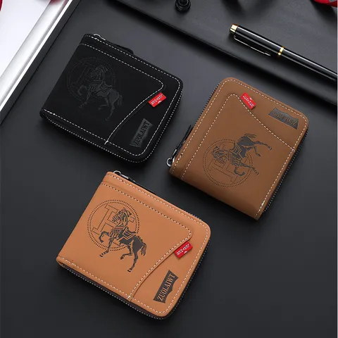 Men Vintage Equestrian Embossed Short Wallet Multi-Slot Business Casual European American Fashion Zipper Purse