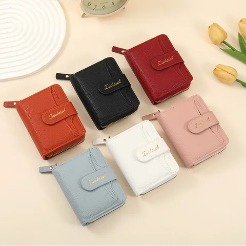 Women's Short Wallet PU Leather Litchi Pattern Card Slots Zipper Coin Purse