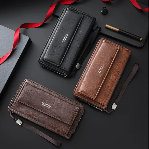 Men's Business Long PU Leather Wallet Large Capacity Multislot Card Holder Casual Zipper Handbag Wristlet Clutch