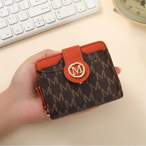 Women's Short PU Leather Wallet Bifold Multi-Card Holder Coin Purse With Letter Print And Metal Snap Closure
