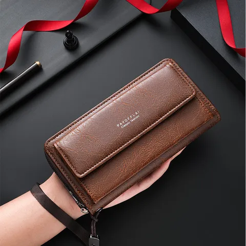 Men's Business Long PU Leather Wallet Large Capacity Multislot Card Holder Casual Zipper Handbag Wristlet Clutch