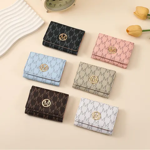 Womens Short Monogram PU Leather Trifold Wallet Multiple Card Slots Compact Purse Card Holder Fashion Handbag