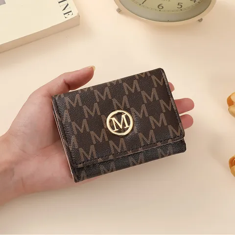 Womens Short Monogram PU Leather Trifold Wallet Multiple Card Slots Compact Purse Card Holder Fashion Handbag