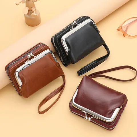 Women's Vintage PU Leather Kiss Lock Coin Purse Retro Small Clutch Wallet With Wrist Strap Card Holder