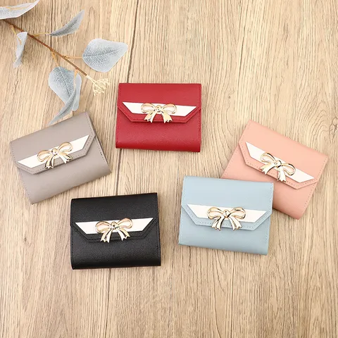 Women Fashion PU Leather Short Three Fold Wallet Cute Bowknot Mini Coin Purse Card Holder Compact Pocket Wallet