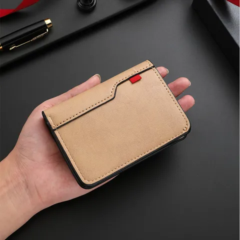 Men PU Leather Vintage Bifold Wallet Solid Color Slim Business Card Holder Daily Casual Coin Purse