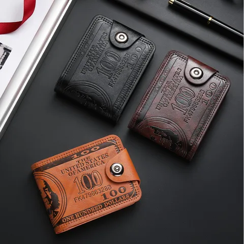 Men's Short PU Leather Wallet Multi-Card Slot Buckle US Dollar Pattern Fashion Casual Business Card Holder Purse