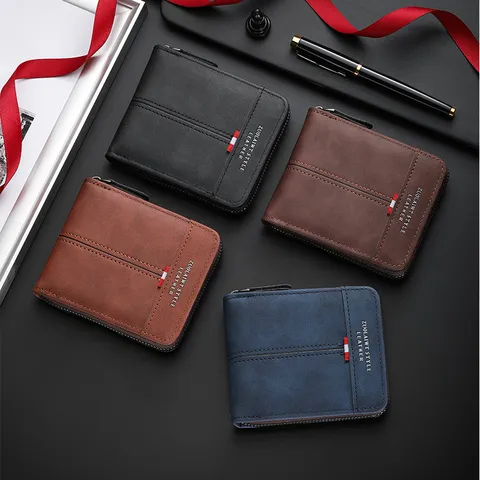 Men's Retro PU Leather Short Wallet Three-Fold Zipper Coin Purse Casual Business Card Holder