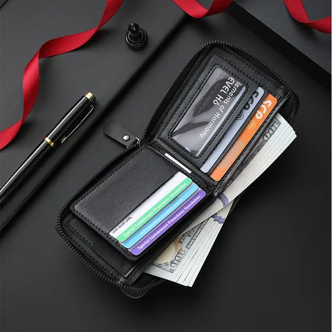 Men's Retro PU Leather Short Wallet Three-Fold Zipper Coin Purse Casual Business Card Holder