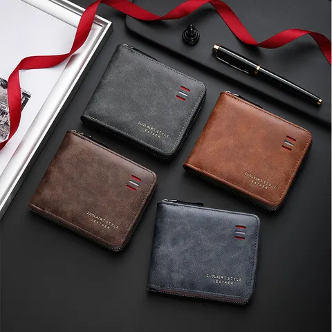 Men's Vintage PU Leather Short Wallet Multi-Card Slot Zipper Coin Purse Casual Solid Color Business Card Holder