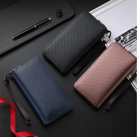 Men's Long Carbon Fiber Texture Wallet Business Zipper Clutch Purse Large Capacity Multi-Card Slot PU Leather Wallet