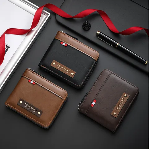 Men Vintage Short Wallet PU Leather Patchwork Zipper Coin Purse Multi Functional Card Holder Business Casual Wallet