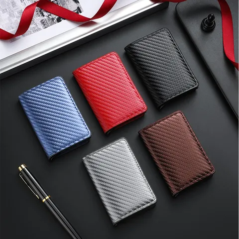 Men's Carbon Fiber RFID Blocking Wallet Aluminum Alloy Automatic Pop-Up Card Holder Slim Business Credit Card Case Pocket Wallet