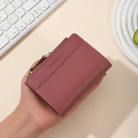 Women's PU Leather Casual Solid Color Short Zipper Wallet Multipurpose Card Holder Coin Purse