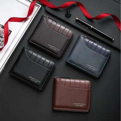 Men's PU Leather Short Wallet Vintage Stone Pattern Bifold Wallet Multi Card Slots Zipper Coin Purse