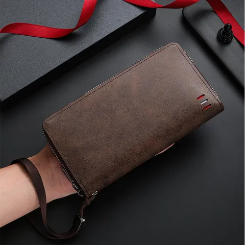 Men's Long Wallet Large Capacity PU Leather Business Casual Multi-Card Slot Zipper Handbag Wrist Strap Purse
