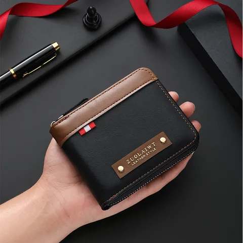 Men Vintage Short Wallet PU Leather Patchwork Zipper Coin Purse Multi Functional Card Holder Business Casual Wallet