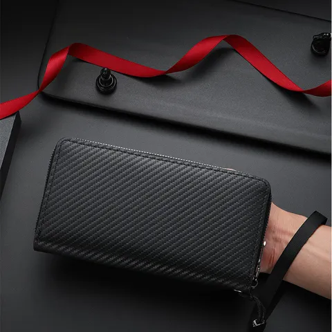 Men's Long Carbon Fiber Texture Wallet Business Zipper Clutch Purse Large Capacity Multi-Card Slot PU Leather Wallet