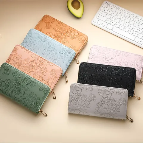 Women PU Leather Embossed Long Wallet Waterproof Lightweight Multi-Card Zipper Purse Clutch Daily Casual Handbag