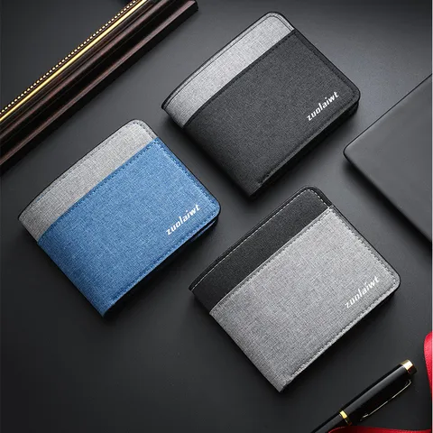 Men's Short Canvas PU Leather Patchwork Bifold Wallet Colorblock Card Slots Coin Pocket Business Casual Wallet