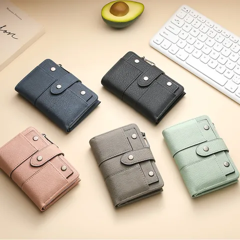 Women's Short Trifold Wallet Premium PU Leather Geometric Pattern Stitching Card Slots Coin Pocket Compact Purse