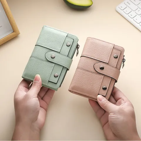 Women's Short Trifold Wallet Premium PU Leather Geometric Pattern Stitching Card Slots Coin Pocket Compact Purse