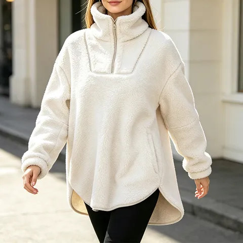 Women Autumn Winter Polar Fleece Half Zip Pullover Hoodie Warm Casual Sport Jacket With Side Pockets Solid Color High Neck Polyester Sweatshirt Top