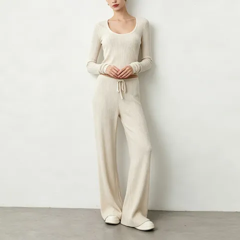 Ensemble de Yoga Côtelé pour Femmes Haut à Manches Longues Slim Coupe en U et Pantalon Large Fluide