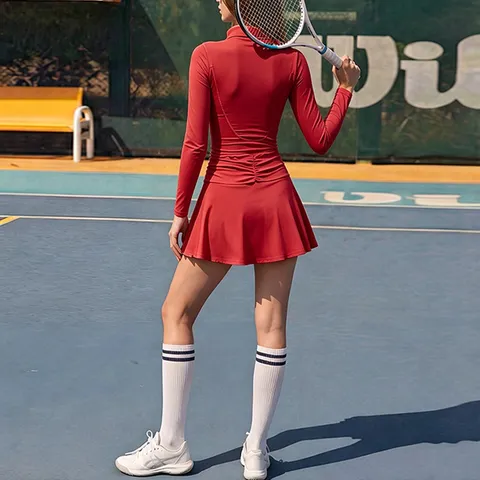 Damen Langarm Tennis Kleid Polo Kragen Schlankheits Sport Mini Skort Kleid Mit Taillenbindung Plissiertem Saum Für Golf Badminton Sportbekleidung