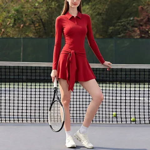 Damen Langarm Tennis Kleid Polo Kragen Schlankheits Sport Mini Skort Kleid Mit Taillenbindung Plissiertem Saum Für Golf Badminton Sportbekleidung