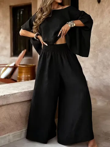Women Casual Summer Two Piece Set Off Shoulder Short Sleeve Top And Wide Leg Pants Solid Color Pleated Lounge Set