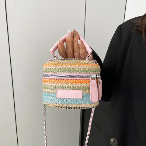 Damen Gestreifte Stroh Eimertasche Sommerurlaub Kontrastfarbe Gewebte Umhängetasche Kleine Crossbody Handtasche Mit Kette