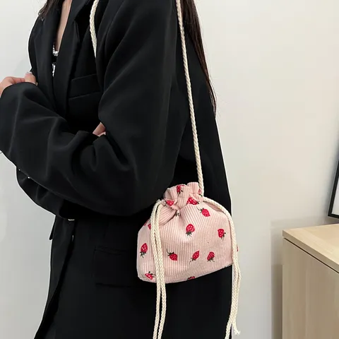 Mujer Pana Bolso Cubo Lindo Estampado de Fresa Cordón Hombro Bandolera Casual Diario Mini Bolso