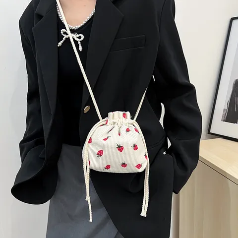 Mujer Pana Bolso Cubo Lindo Estampado de Fresa Cordón Hombro Bandolera Casual Diario Mini Bolso