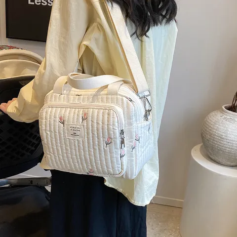 Bolso Pañalera Acolchado Estilo Coreano Gran Capacidad Bolso Tote de Lona Bonito Oso Tulipán Bordado Bolso Bandolera de Bebé para Mujeres