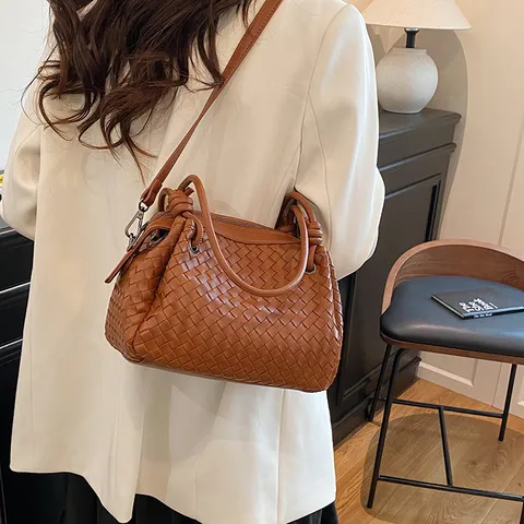 Bolso Tote Tejido de Cuero PU Minimalista Gran Capacidad Bolso de Mano Casual Bolso Cubo Bandolera para Mujer