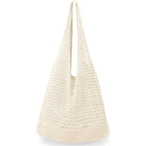 Women Casual Knitted Tote Bag Hollow Out Woven Shoulder Bag Daily Commute Handbag Cotton Knit Beach Bag