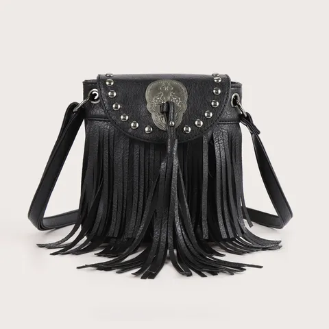 Women PU Leather Crossbody Bag Vintage Rivet Tassel Shoulder Bag Punk Style Small Messenger Bag Casual Travel Handbag