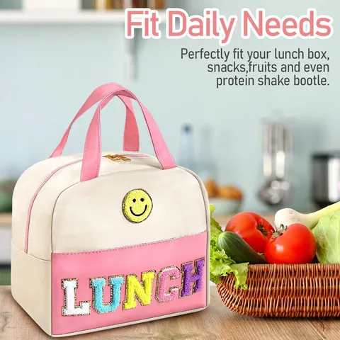 Women Insulated Lunch Bag PU Leather Cute Embroidery Tote Handbag Portable Thermal Food Box For Work School