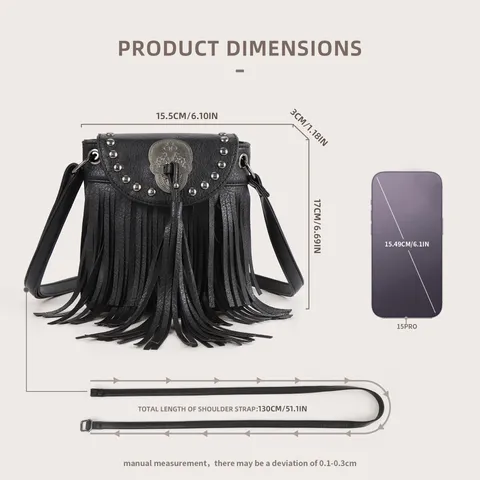 Women PU Leather Crossbody Bag Vintage Rivet Tassel Shoulder Bag Punk Style Small Messenger Bag Casual Travel Handbag