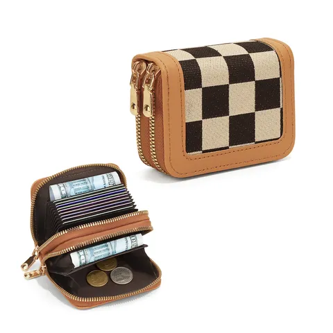 Women's Checkerboard Canvas Bi-Fold Wallet Large Capacity Multi-Card Slot Coin Purse Fashion Casual Zipper Wallet