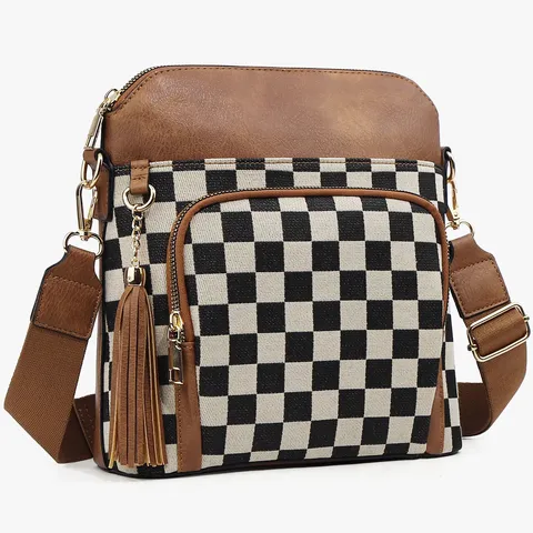 Women Fashion Checkerboard Pattern Patchwork Crossbody Bag PU Leather Vintage Casual Shoulder Messenger Bag