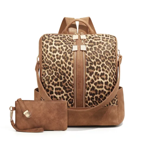 Women Fashion Leopard Print Backpack Large Capacity Travel School Bag PU Leather Casual Daypack With Small Pouch